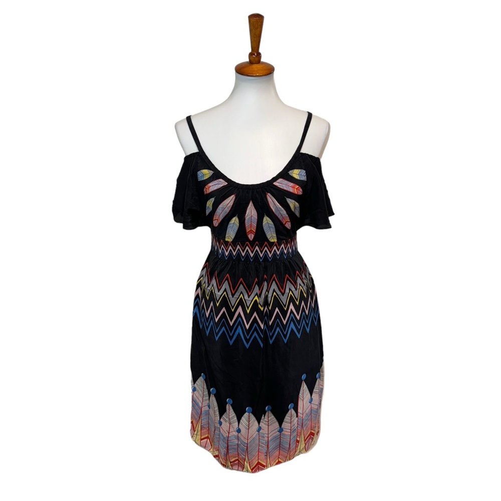 Tibi Cold Shoulder Dress Silk Feather Print Black Size 0